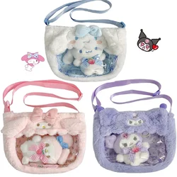 Kawaii Sanrio pluszowe torby Cinnamoroll melodia Kuromi torba Crossbody kreskówka przezroczysta torebka pluszowa Hello Kitty wypchana Backpac