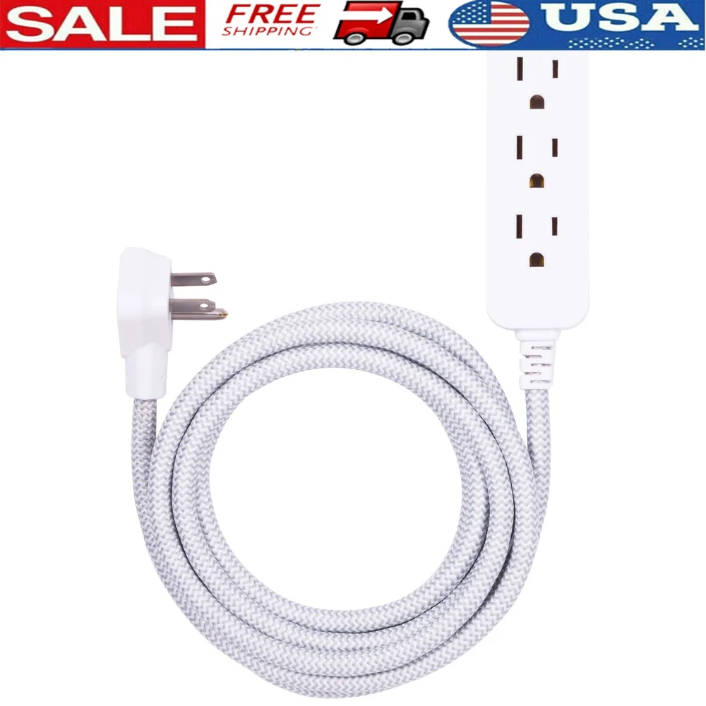 

10ft 3-Outlet Extension Cord Indoor Flat Plug Decorative Fabric Cover Gray White Chevron Pattern Power Strip Home Office Use