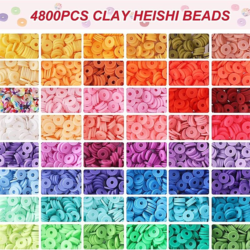 4800Pcs Clay Beads Kit 48 Colors Flat Round Polymer Clay Beads Friendship Bracelet Kit for DIY Jewelry Making Crafts Gift