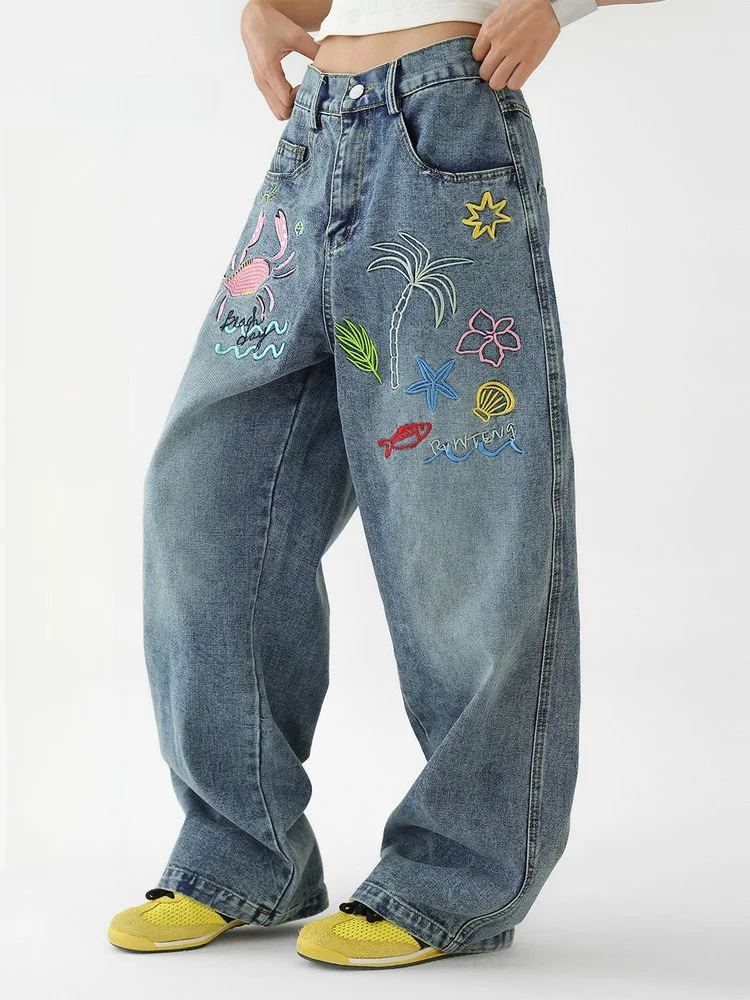 

Женские джинсы с высокой талией и широкими штанинами, свободного кроя, с вышивкой, повседневные длинные брюки для осени