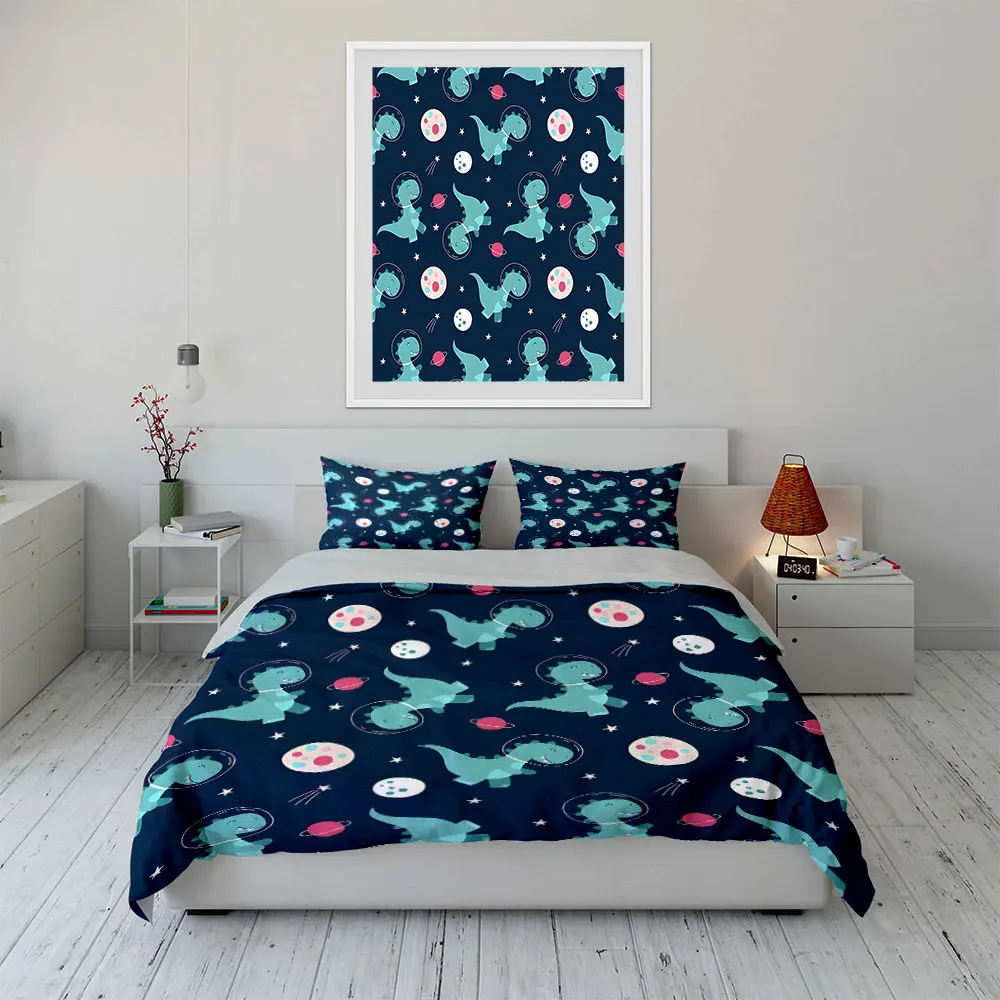 Space dinosaurs with planet pattern Print Soft Comfortable Duvet Cover Bedding Set Included 1*Duvet Cover  2*Pillowcases