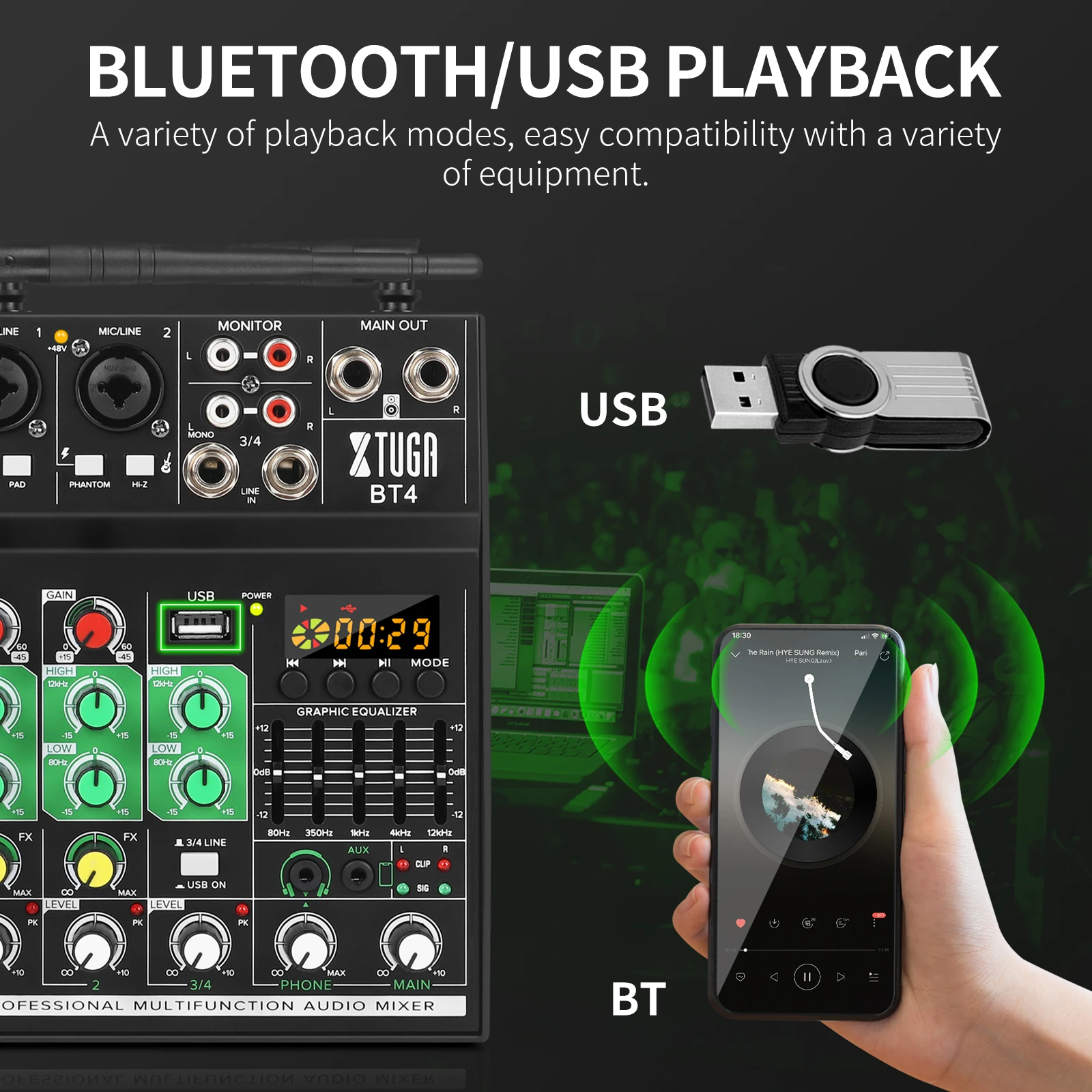 XTUGA BT4 Professional Wireless 4-Channel DJ Audio Mixer Built-in 48V Phantom Power Metal Plastic 180ft Range USB Audio
