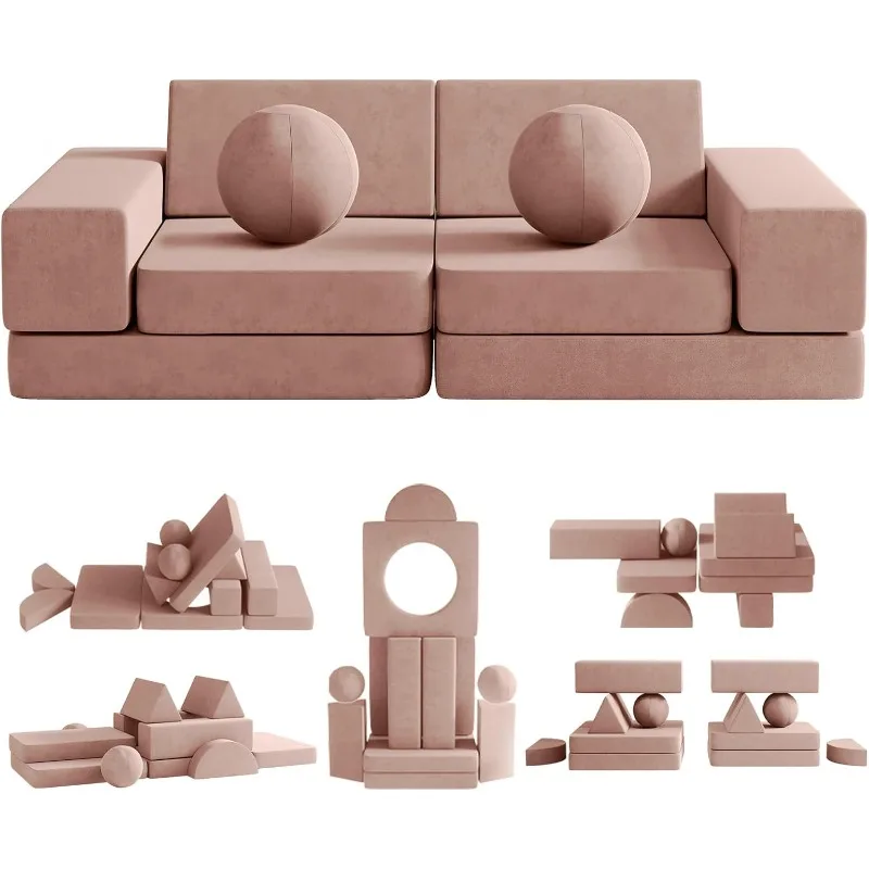 Kids Couch, 12PCS Fold Out Toddler Couch with 2 Balls Kids Play Couch Over 30 Creative Gameplay Couch for Kids (Pink)