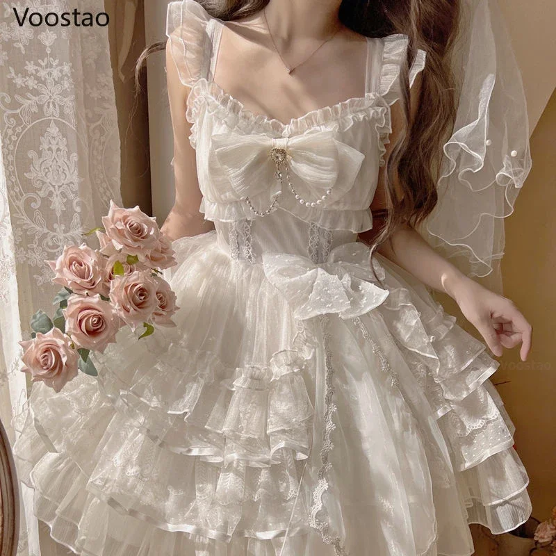 Zoete Lolita Prinses Jurk Vintage Victoriaanse Vrouwen Elegante Ruches Parel Boog Party Tiered Jurken Girly Kawaii Bruiloft Vestidos