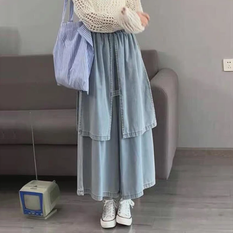 

Юбка с запахом PBAP, женские мешковатые джинсы с эластичной резинкой на талии и карманами, винтажные свободные широкие брюки из двух предметов, корейская повседневная одежда