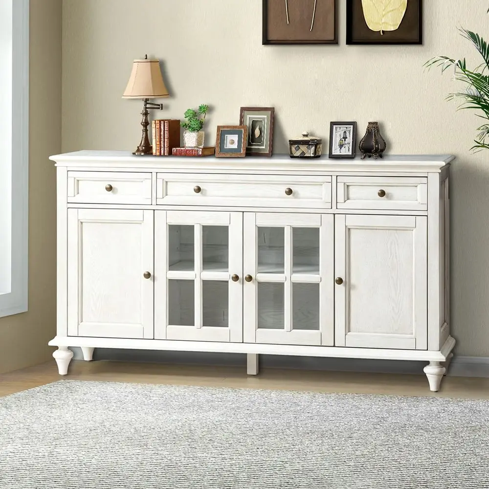

Sideboard Storage Cabinet, Traditional 58 Sideboard with 3 Drawers amp 4 Doors, Console Cabinet with amp Rhombic Alloy HandleWh