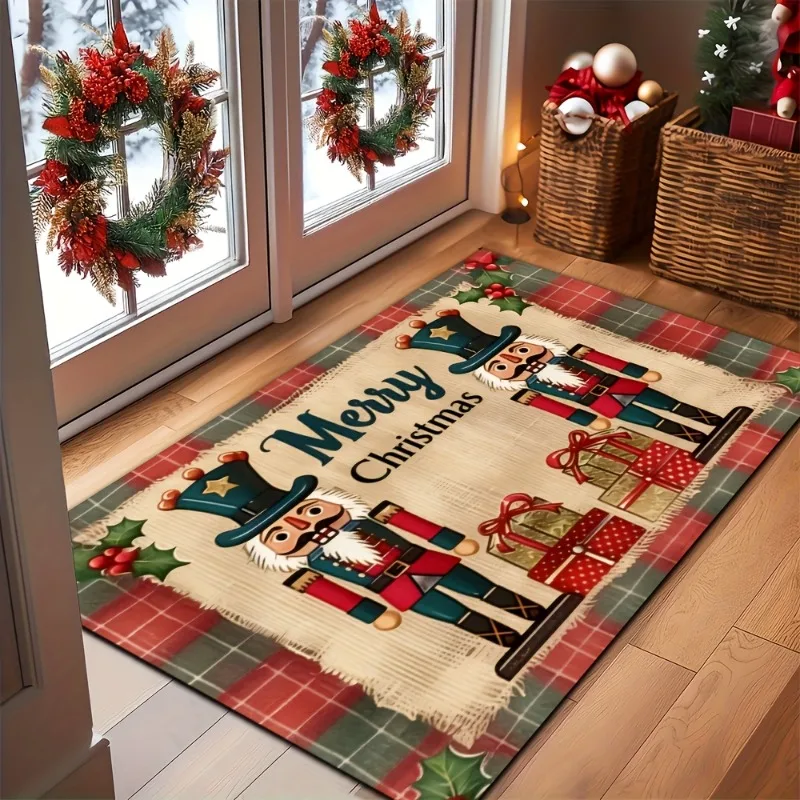 Christmas Flannel Door Mat Nutcracker Soldier Merry Christmas Holly Print Non‑Slip Floor Rug for Indoor Entry Xmas Holiday Decor