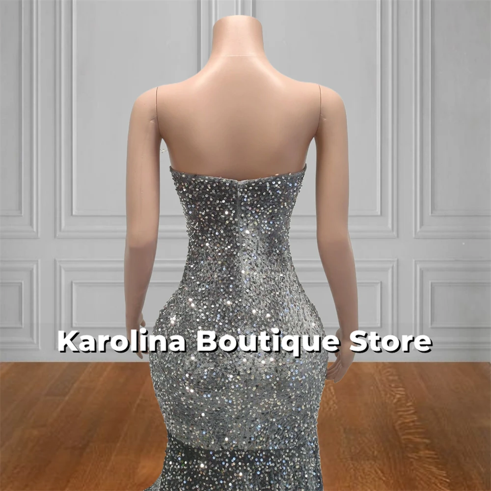 Robe de Bal à Paillettes Argentées Brillantes, Sans Bretelles, Perlée, Strass, Haute Fente, Corset Sirène, Élégante, Robe de Soirée Personnalisée, 2025