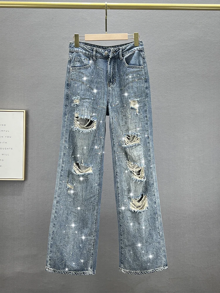 

Trendy High Waist Wide Leg Jeans Women's Spring 2024 New Sle Distred Diamond Embellied Slimming Long Pants