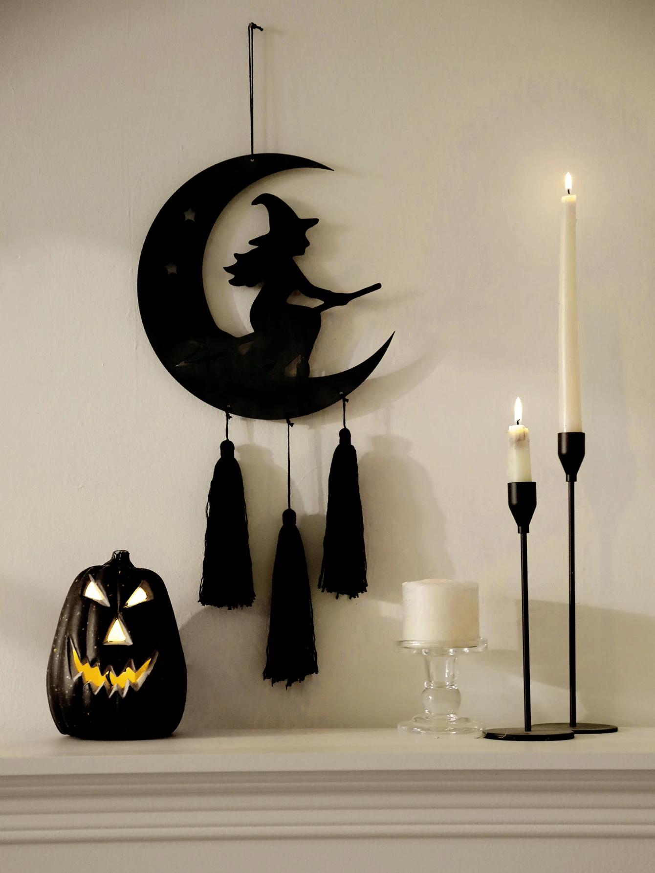 Halloween Witch Wall Hanging Black Crescent Moon & Witch on Broom Design with Tassel Pendant Bedroom Living Room Wall Decor Gift