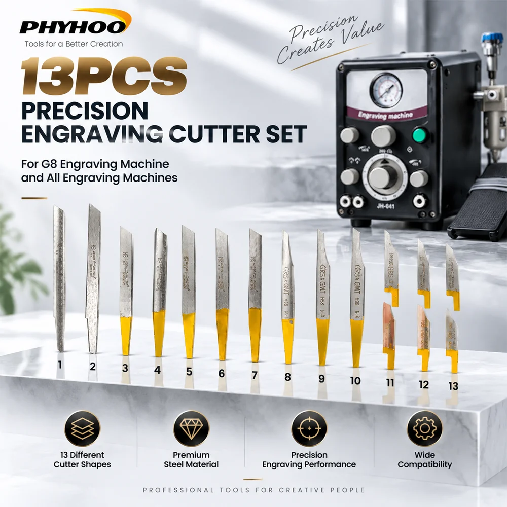 PHYHOO 13PCS Engraving Cutter Set Steel Graver Blades for G8 Pneumatic Engraver Jewelry Metal Stone Wood Carving Precision Tools