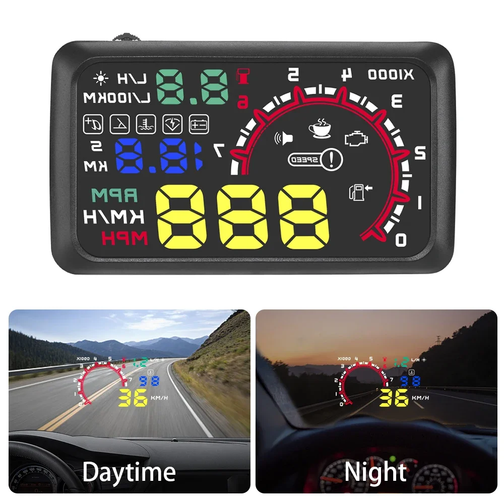 5.8inch HD Projector Head Up Display W02 Car OBD HUD Acceleration Fuel Consumption Temperature Voltage Sound Switch Speed Alarm