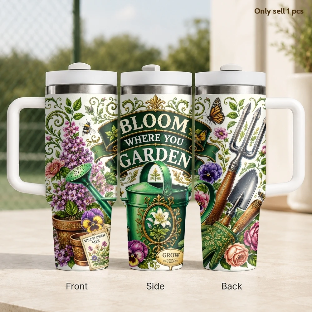 Vintage Garden Bloom Vacuum Flasks 40oz Stainless Steel Insulated Tumbler with Handle & Straw Leakproof Travel Mug