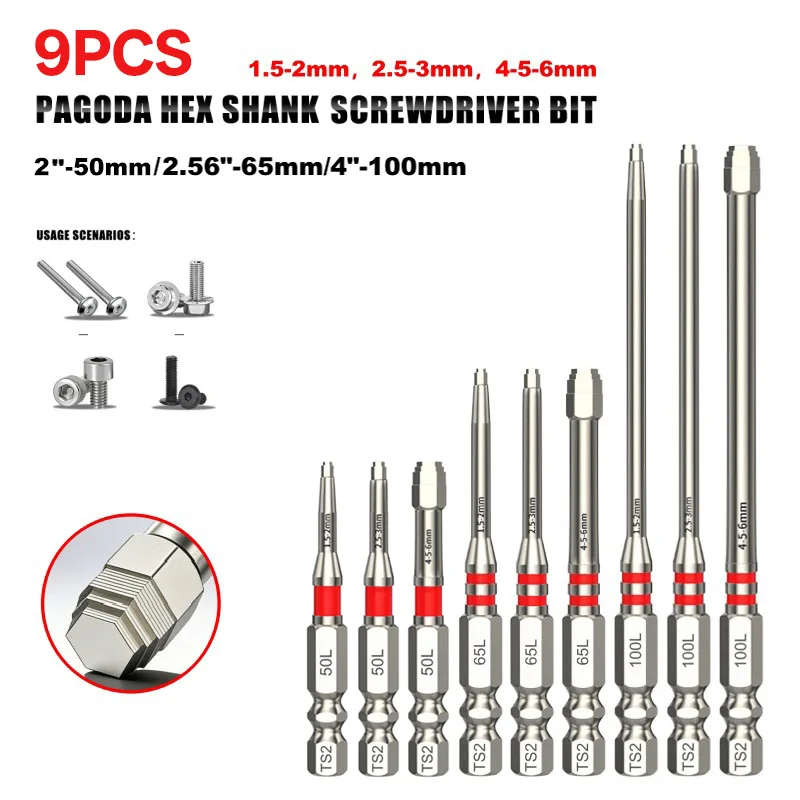 

50/65/100mm 6-9pcs Non-slip Magnetic Batch Head pagoda Screwdriver Hardness Drill Bit Screw Driver Hand Tools