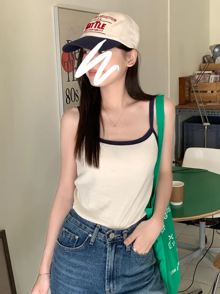 Summer 2024 Women's Elastic Strap Vest Inner Wear Slim Fit Color Block Base Shirt Outerwear Versatile Solid Color Top