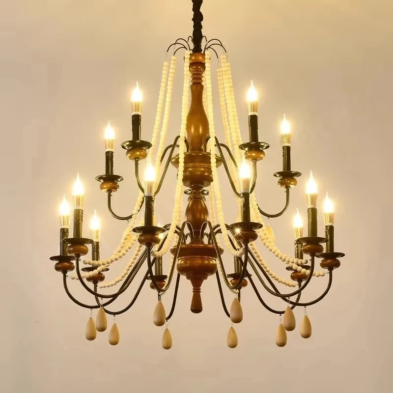 Villa Lobby Chandelier American Vintage Solid Wood Duplex Triple Story Staircase Atrium Living Room French Luxury Pendant Light