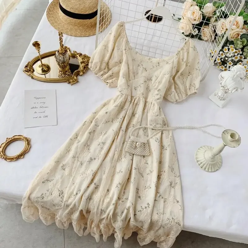 Elegant Print Fairy Dress Women French Vintage Kawaii Sweet Hem Lace Mesh Gauze Midi Dress Chic Holiday Party 2024 Summer New