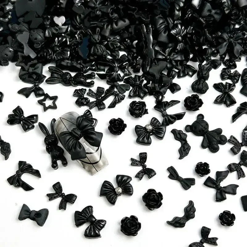 

50PCS Random Mixed Black Bows Bear Nail Charms Resin Mini Heart Star Flower Nail Art Decorations Handmade DIY Press on Nails