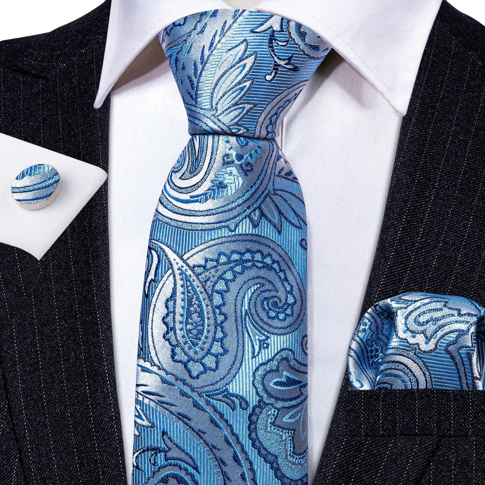 Picture 5: Fashion Men Tie Royal Blue Dark Blue Navy Solid Paisley Striped Plaid Necktie Handkerchief Cufflinks Barry. Wang