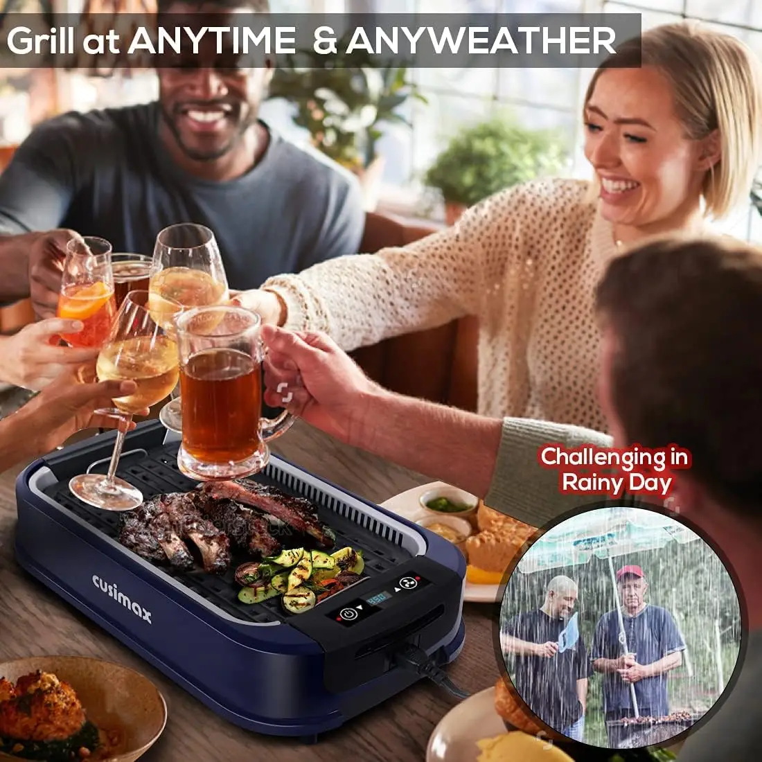 Indoor Grill Electric Grill Griddle  Smokeless Grill, Portable BBQ Grill with Turbo Smoke Extractor Technology