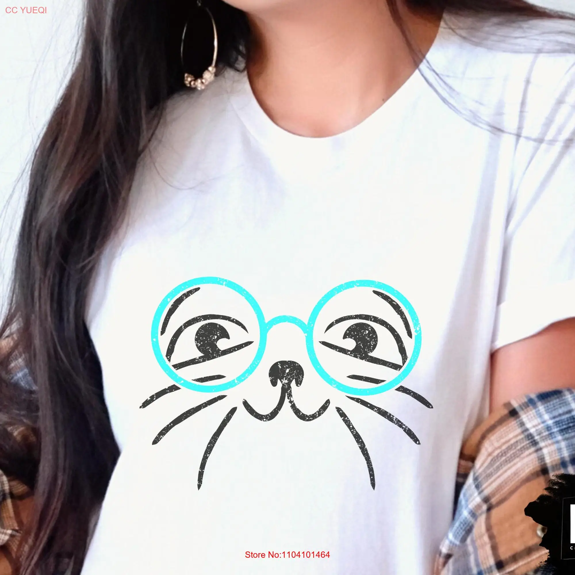 Cute Cat Face With Glasses T shirt Funny Whiskers A Great Lover For Owner Mom Mum Dad long or short sleeves