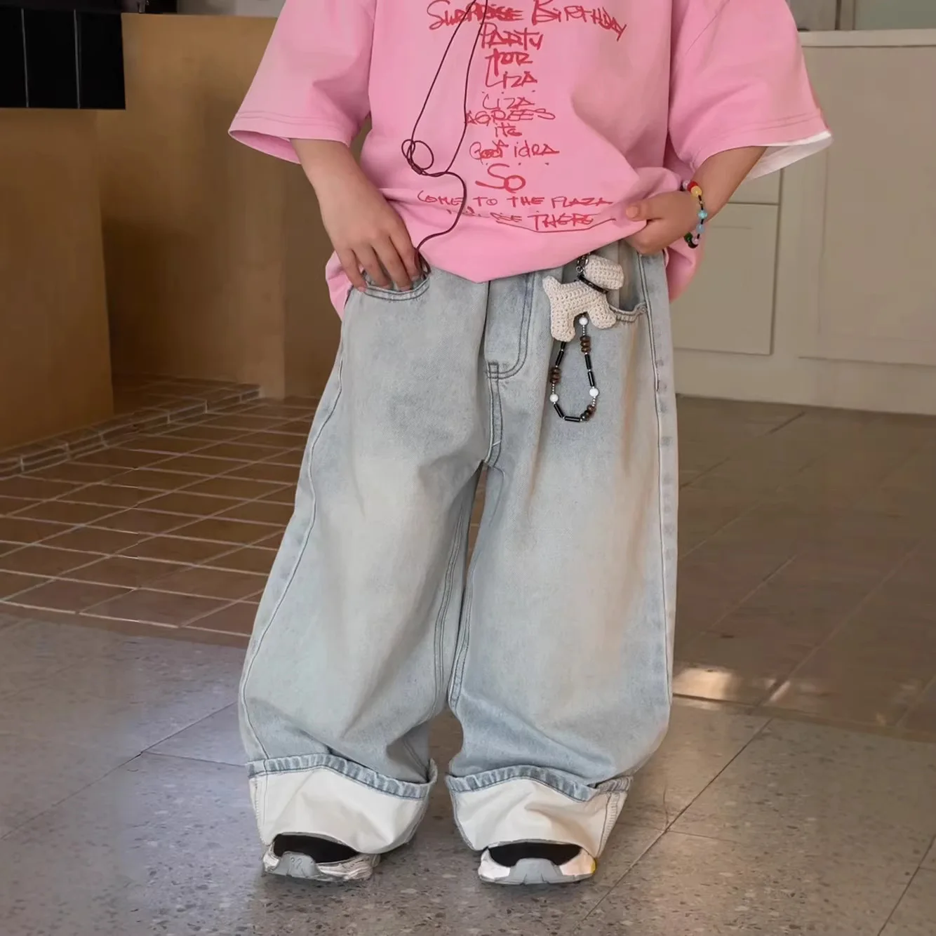 2026 Spring New Children's Roll up Legs Loose Straight Leg Jeans Boys' Versatile Western Style Pants