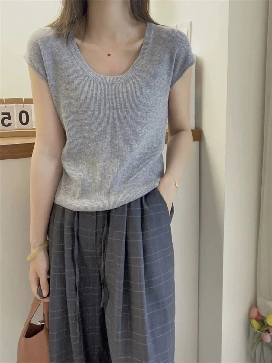 French U-neck Knitted Short Sleeve T-shirt Women's Fashionable Base Shirt Breathable Casual Style Pure Color Slim Fit T-shirt