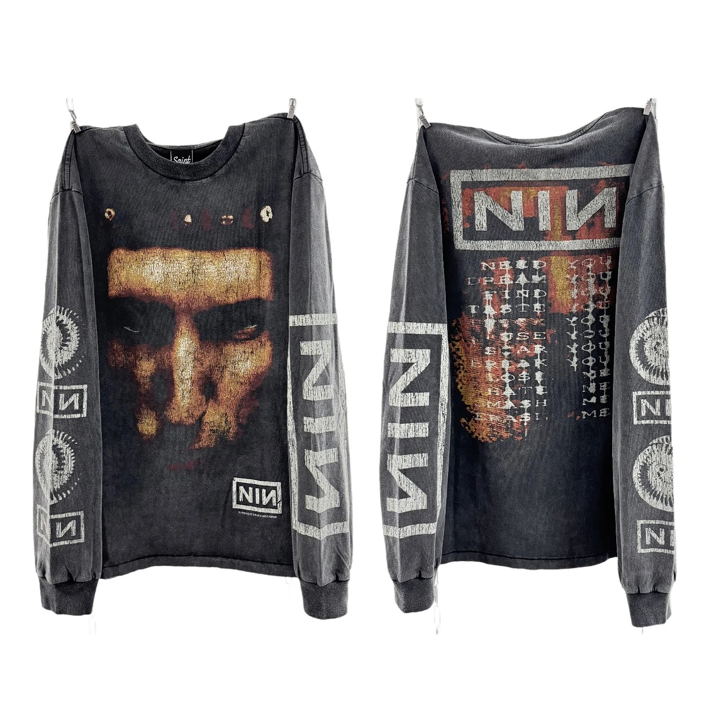 Image of Washed Saint NIN Nine-inch Nail Langarm-T-Shirt für Herren und Damen, übergroßes T-Shirt, Top-T-Shirts