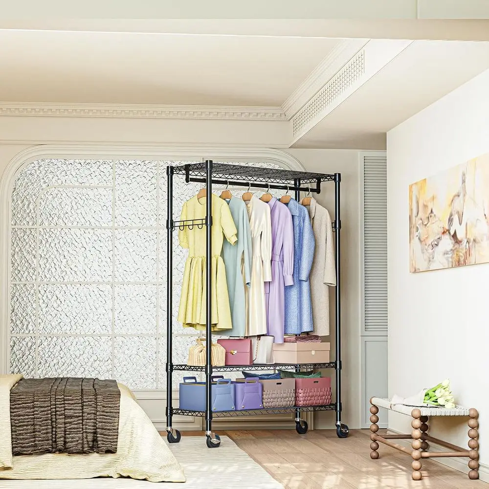 Extra Large Mobile Garment Rack with 3 Shelves, 2 Rods & Side Hooks, 47.2x17.7x83.6, Black