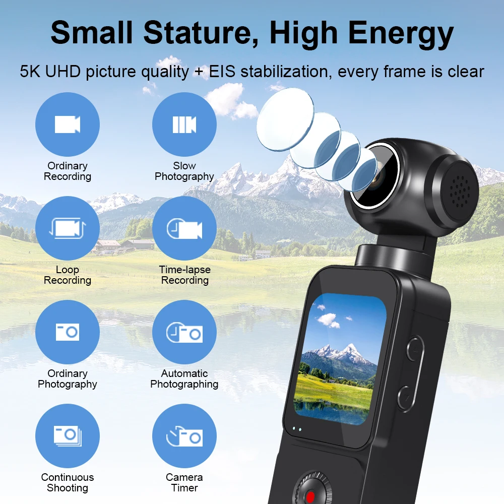 5K HD Pocket Action Camera 1.69-inch LCD Display Screen 270° Rotatable Wifi Vlog Recorder with ELS Anti-Shake for Bicycle Travel