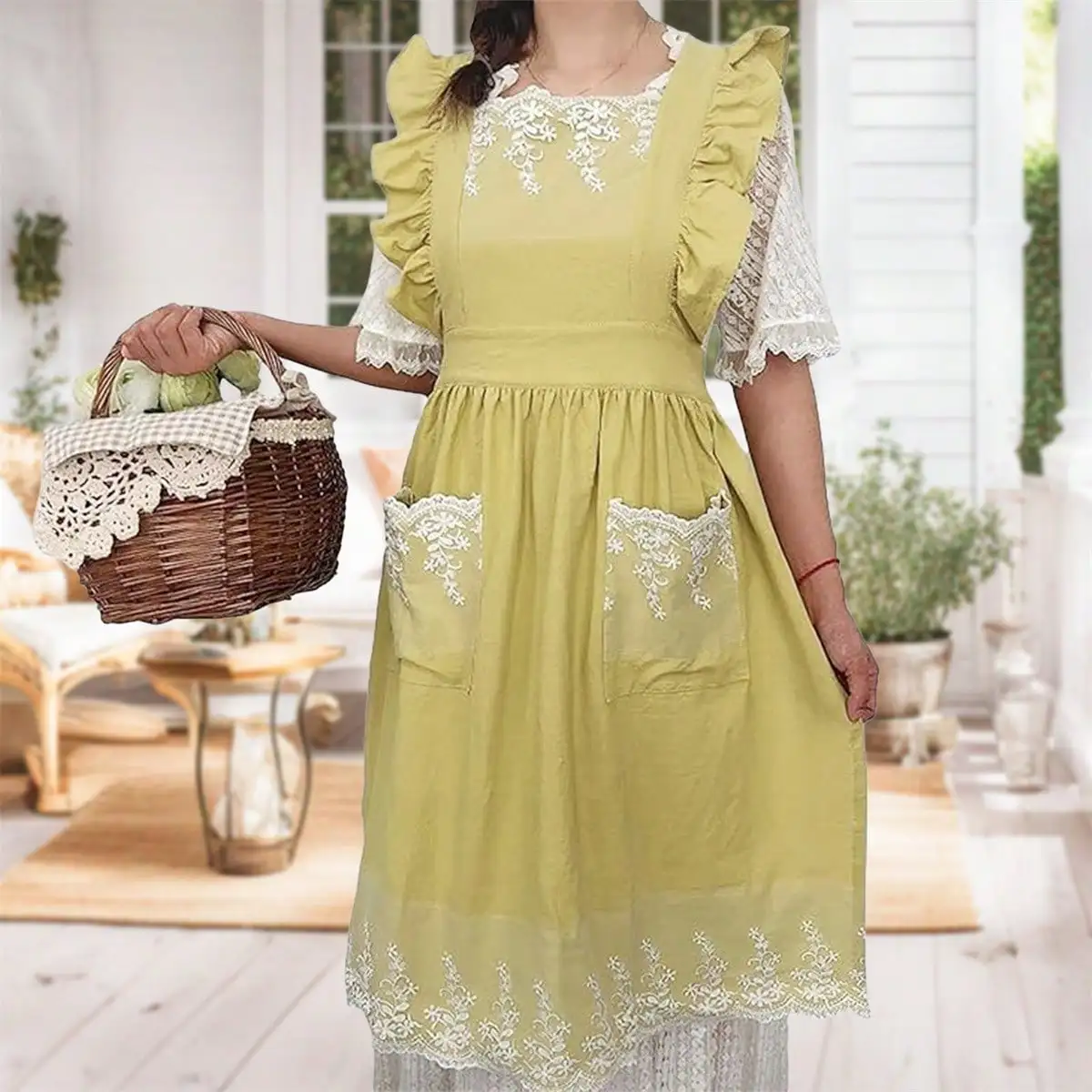 

Women Gardening Apron, Fly Sleeve Embroidery Flower Washable Work Apron Long Tool Apron With Pockets