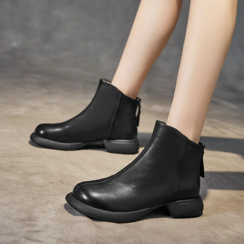 2023 Autumn Winter Genuine Leather Shoes Women Boots Cow Leather Soft Brand Ladies Ankle Botas Thick Sole Non-slip Black D041