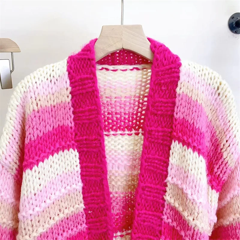 Women Colorful Bohemian Chunky Knit Mohair Sweater Handmade Bulky Cardigan Warm 2023 Autumn Winter New In