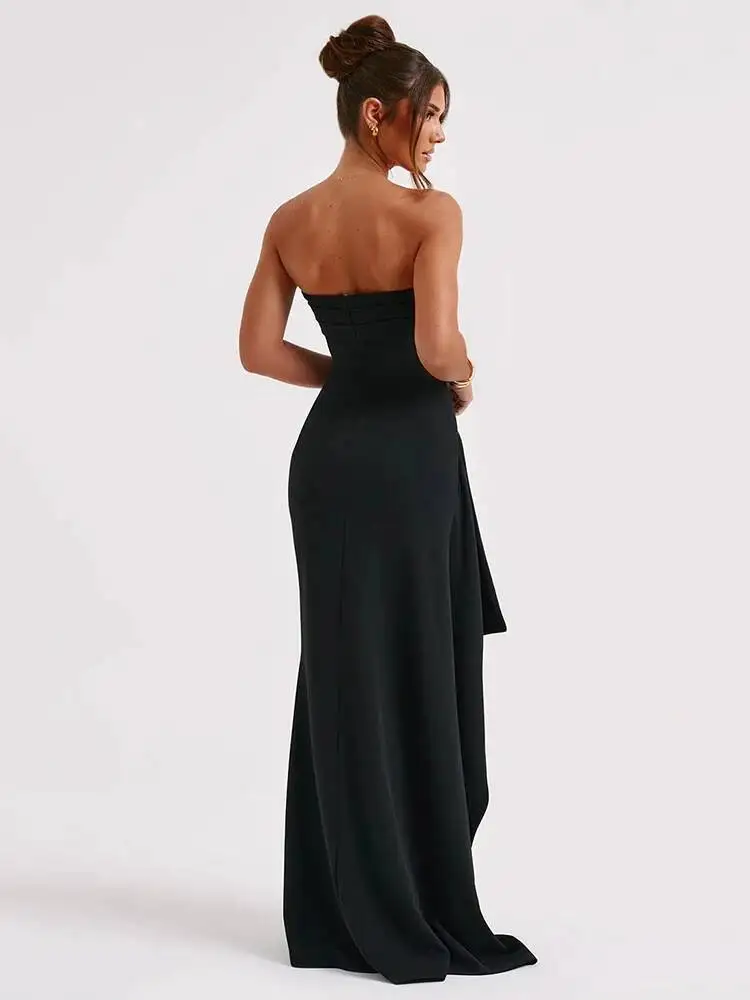 Strapless Backless High Split Maxi Dress For Women Black Off-shoulder Sleeveless Bodycon Club Party Long Dress Clothes R9D3