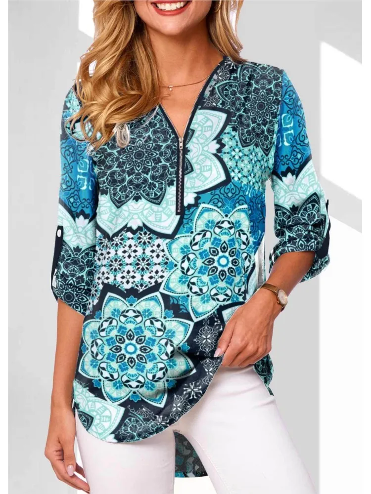 

Spring Summer New Women's Sexy V-neck Fashionable Printed Zipper Casual Long Sleeved Loose Shirt With Adjustable Sleeves