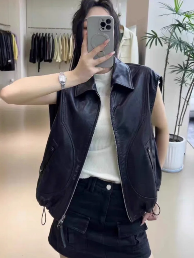 Fashion Women Oil Wax Turn Down Collar Short Genuine Leather Fashion Vest Jacket Office Loose  Drawstring Sheepskin Elegant Lady