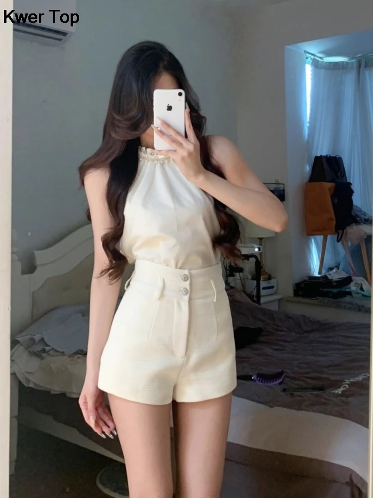 Korean Fashion 2 Piece Pants Set for Women Elegant Sleeveless Blouse Hight Waist Solid Shorts Suits Y2K Office Lady Clothing