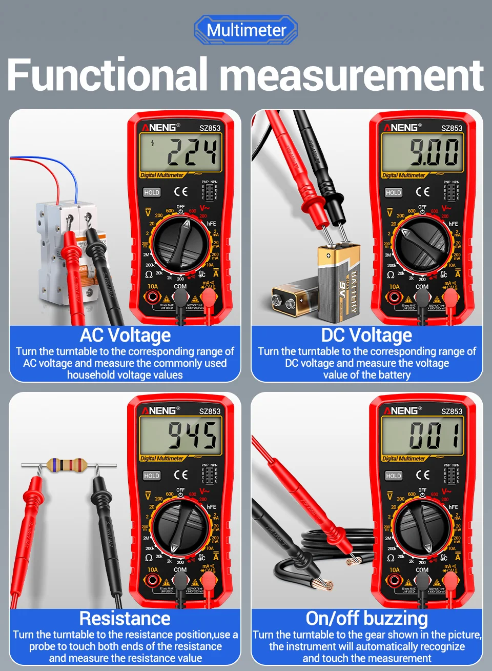 ANENG SZ853 Digitalmultimeter 1999 Zähler Multimeter-Tester misst AC/DC-Spannung, Strom, Widerstand, Temperatur, Diodentest. – Detail 10