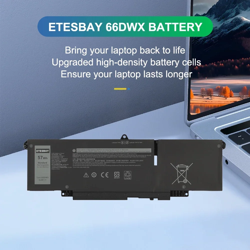 ETESBAY 66DWX Battery Replacement For Dell Latitude 7340 7350 7440 7450 7640 7650 Series P126F P126F001 P175G 11.4V 57Wh