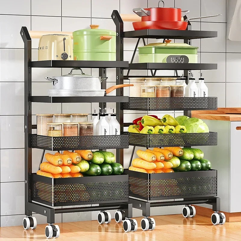 Folding Cart Kitchen Island Rolling Cart Mobile Storage Trolley Utility Organizer Wheels Butcher Block Top Adjustable Shelves