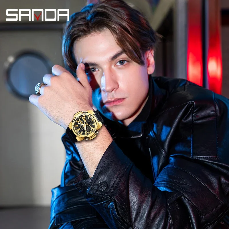 SANDA العلامة التجارية ساعات رياضية رجالية موضة رجالي الطلب الكبير التكتيكية العسكرية ساعة كوارتز ساعة اليد الذكور LED ساعة معصم للرجل