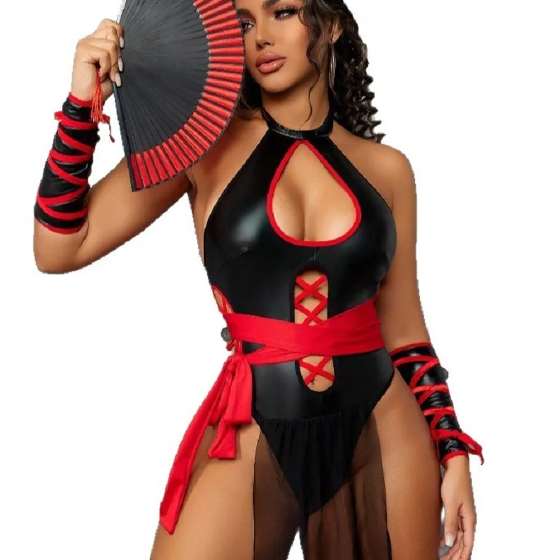New Arrival Women's Sexy Hollow Out Roleplay Lingerie Bodysuit Adult Lady Halloween Party Cosplay PU Costumes Stylish Play Wear