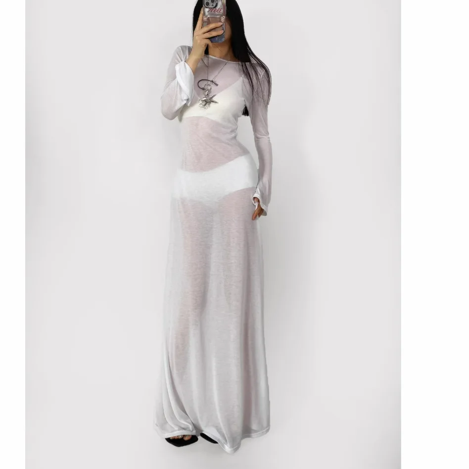 Robe longue transparente à manches longues pour femmes, vêtements de plage, Sarelle, dos bas