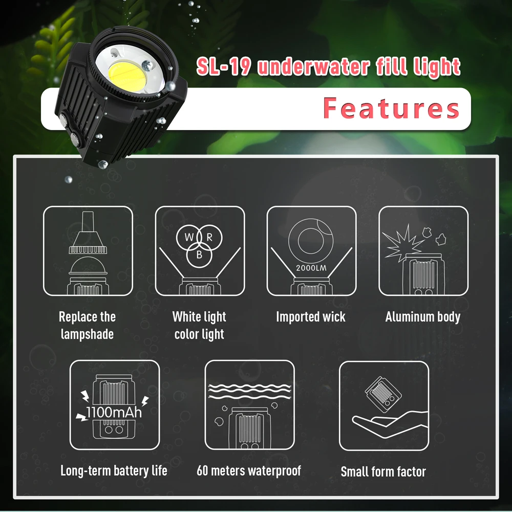 Seafrogs Underwater Camera Flash 60m Waterproof Diving Fill light 2000LM for Gopro Hero 7 6 5 Action Video Cameras Accessories