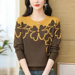 Spring Autumn New Fashion Ladies Sweater Loose O-neck Jacquard Pullover Knitting Bottoming Shirt All-match Long Sleeve Top Tee