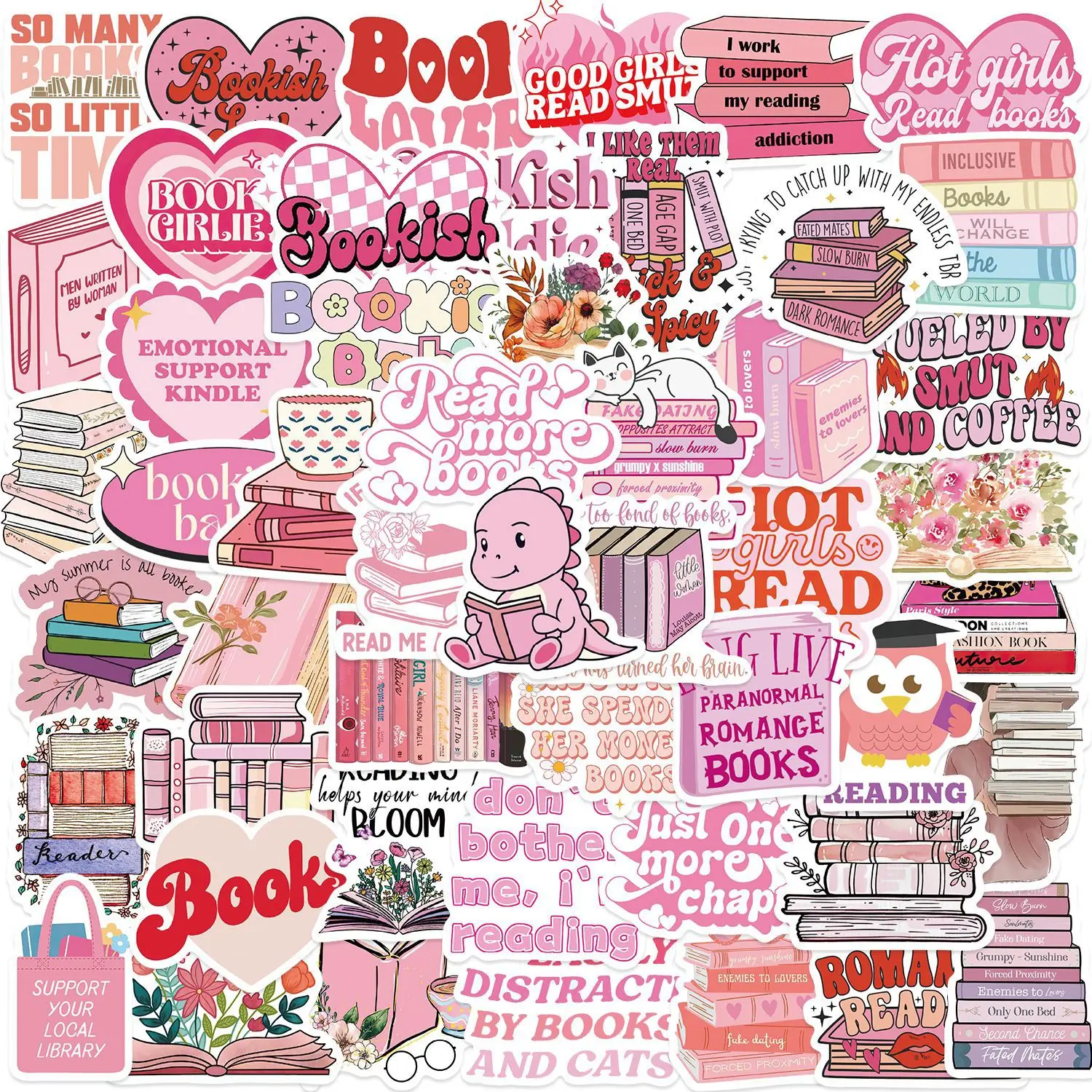 10/50pcs Cute Pink Reading Book Bookish Stickers Kawaii Decals DIY Scrapbooking Notebook Laptop Phone Luggage Decorative Sticker