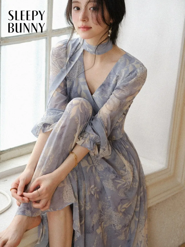 

Women Chiffon Floral Maxi Dress V Neck Waist Tie A Line Long Dress Elegant Flowing Summer Vacation Outfit French Romantic Lady