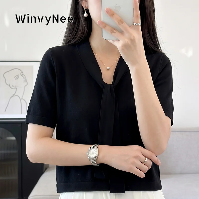WinvyNee Women's Pure Cotton Pullover T-Shirt Lace-Up Deep V-Neck Short Sleeve Soft Chic Street Fashion Daily Tops Wear A1002082