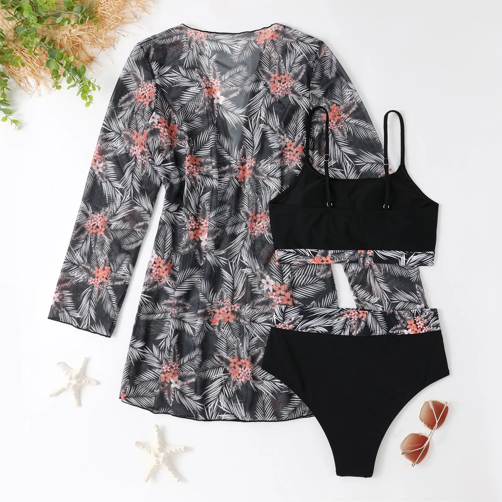 Tropical Print High Waist Bikini Sets Push Up Swimsuit for Women Sexy Three-Pieces Swimwear &Kimono 2023 New Beach Bathing Suits