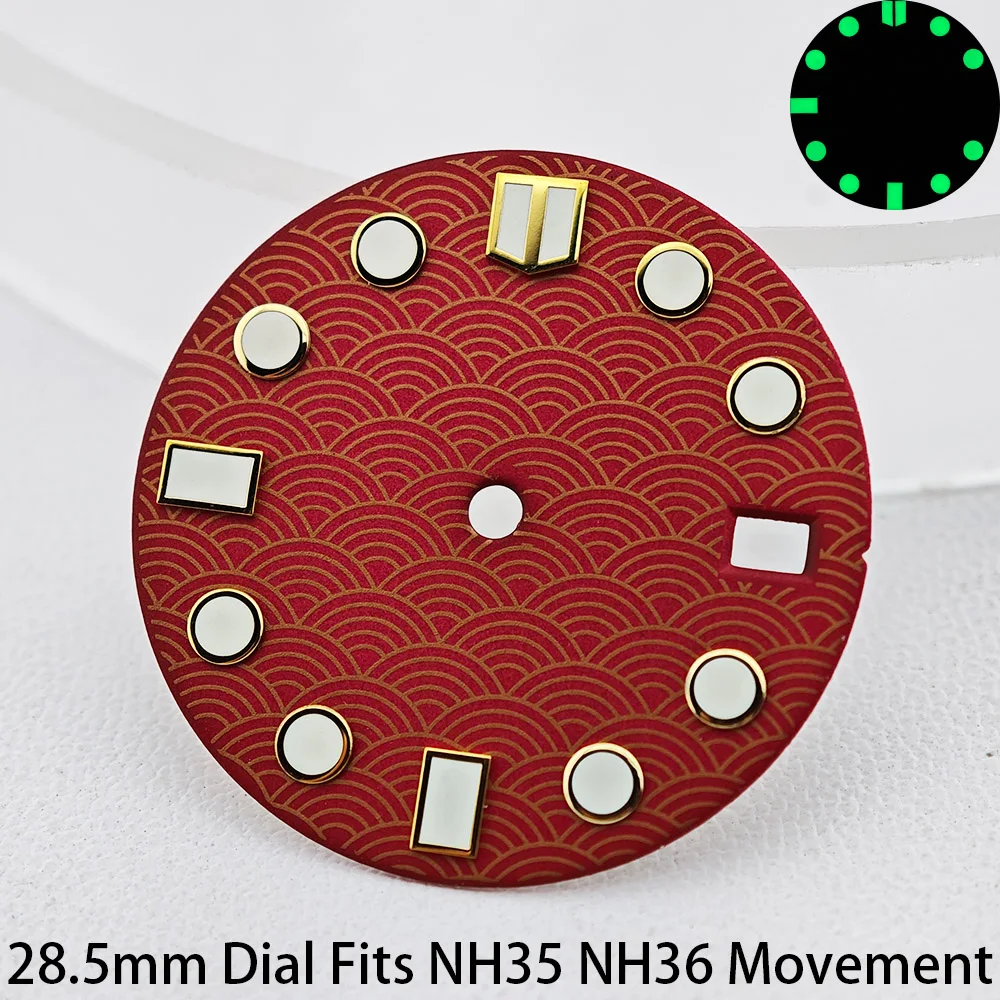 28.5mm Fish Scale Texture Watch Dial Luminous Green Single Calendar Fit NH35 NH36 Movement Mechanical Watch Repair Parts